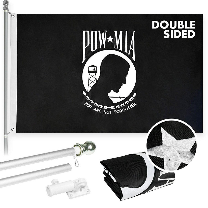 G128  5 Feet Tangle Free Spinning Flagpole Silver POW or MIA Flag Double Sided Brass Grommets Embroidered 2x3 ft Flag Included Aluminum Flag Pole Image