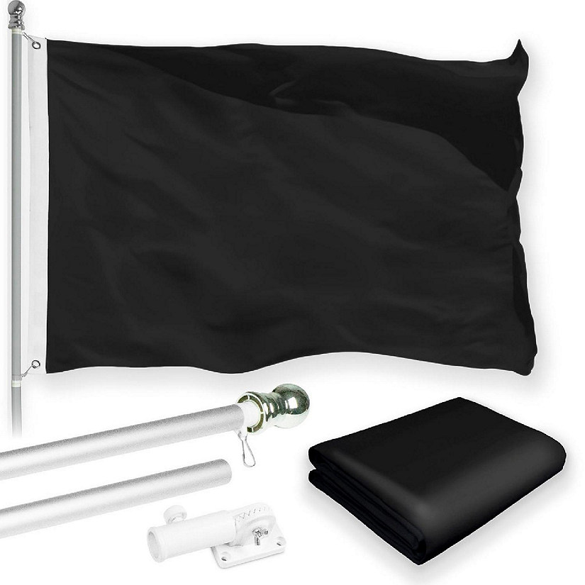 G128 5ft Silver Flagpole & 2.5x4ft Solid Black Printed 150D Polyester Flag Image