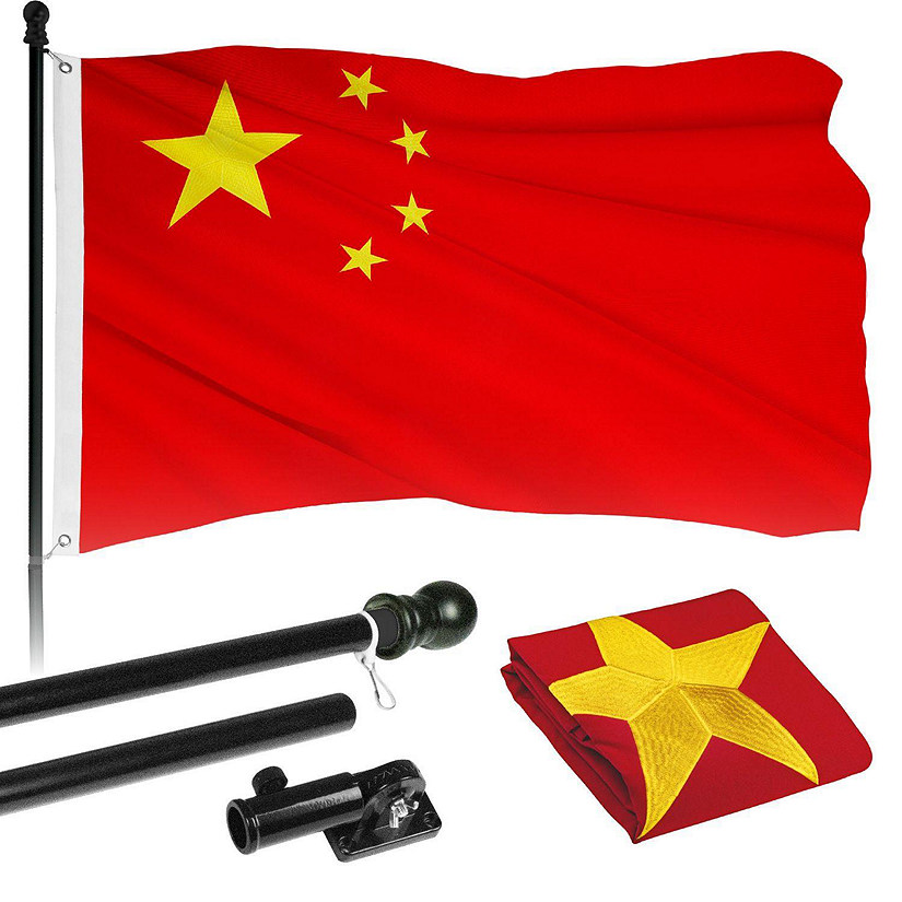 G128  6 Feet Tangle Free Spinning Flagpole Black China Flag Brass Grommets Embroidered 3x5 ft Flag Included Aluminum Flag Pole Image