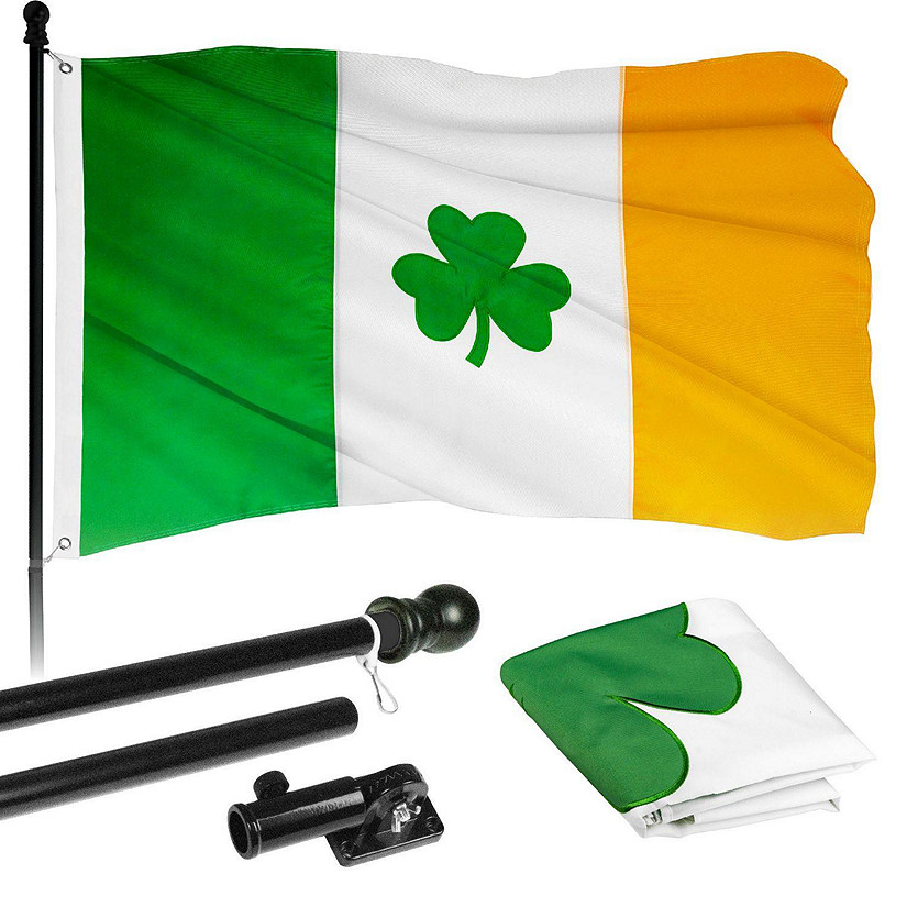 G128  6 Feet Tangle Free Spinning Flagpole Black Ireland SHAMROCK Flag Brass Grommets Embroidered 3x5 ft Flag Included Aluminum Flag Pole Image
