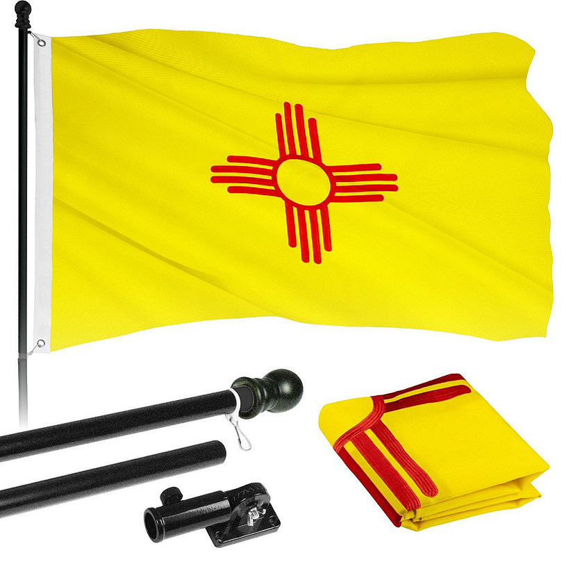 G128  6 Feet Tangle Free Spinning Flagpole Black New Mexico Flag Brass Grommets Embroidered 3x5 ft Flag Included Aluminum Flag Pole Image