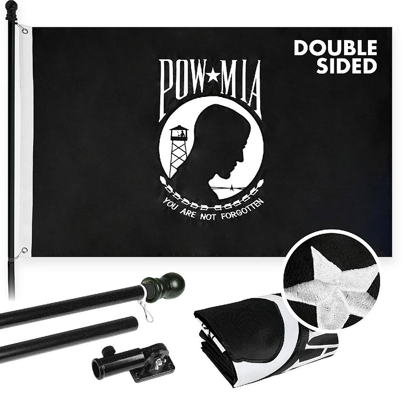 G128  6 Feet Tangle Free Spinning Flagpole Black POW Double Sided Brass Grommets Embroidered 3x5 ft Flag Included Aluminum Flag Pole Image