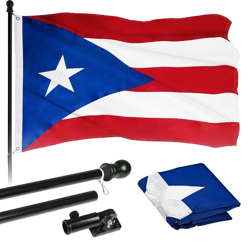 G128  6 Feet Tangle Free Spinning Flagpole Black Puerto Rico Flag Brass Grommets Embroidered 3x5 ft Flag Included Aluminum Flag Pole Image