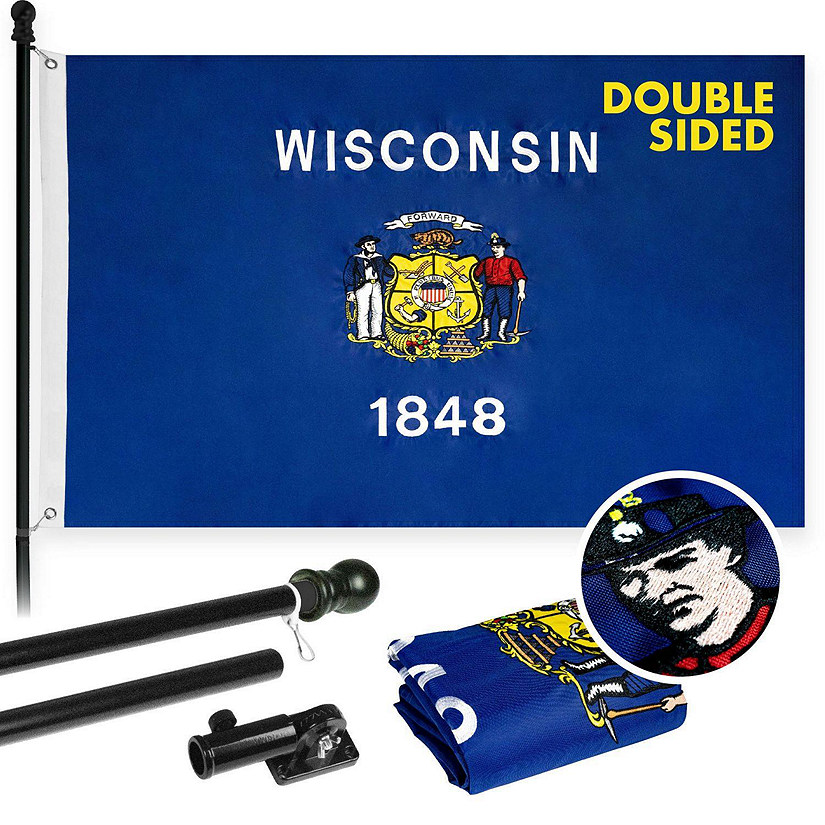 G128  6 Feet Tangle Free Spinning Flagpole Black Wisconsin Double Sided Brass Grommets Embroidered 3x5 ft Flag Included Aluminum Flag Pole Image