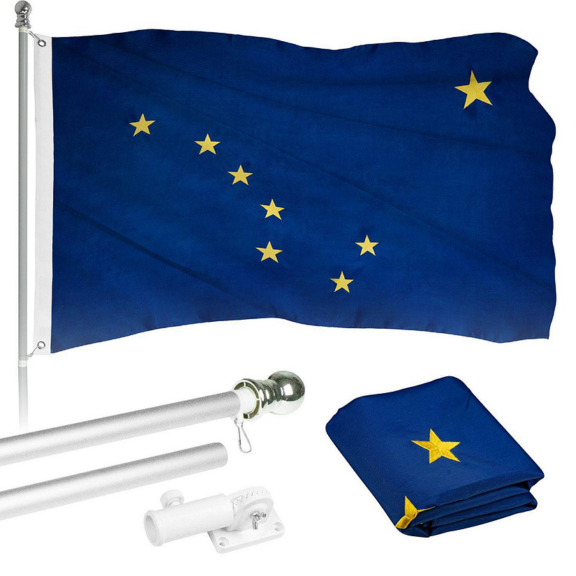 G128  6 Feet Tangle Free Spinning Flagpole Silver Alaska Flag Brass Grommets Embroidered 3x5 ft Flag Included Aluminum Flag Pole Image