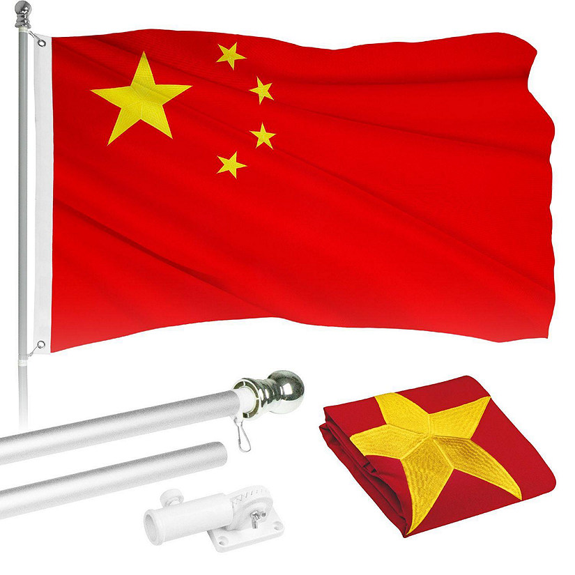 G128  6 Feet Tangle Free Spinning Flagpole Silver China Flag Brass Grommets Embroidered 3x5 ft Flag Included Aluminum Flag Pole Image