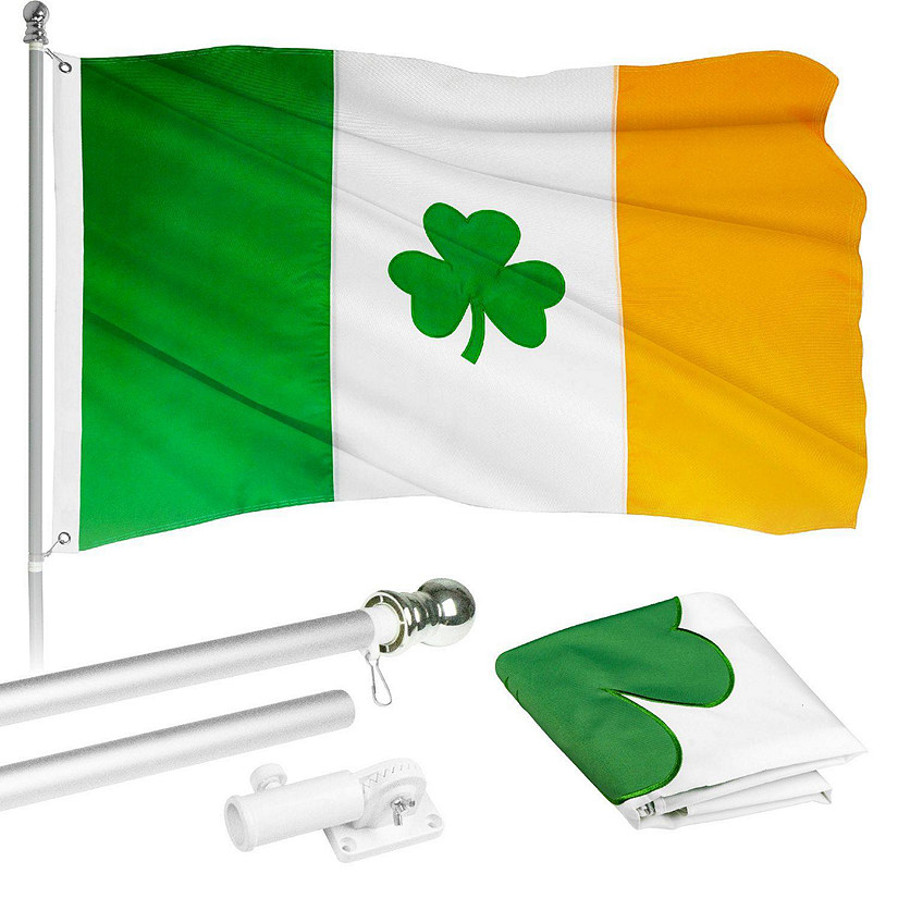G128  6 Feet Tangle Free Spinning Flagpole Silver Ireland SHAMROCK Flag Brass Grommets Embroidered 3x5 ft Flag Included Aluminum Flag Pole Image
