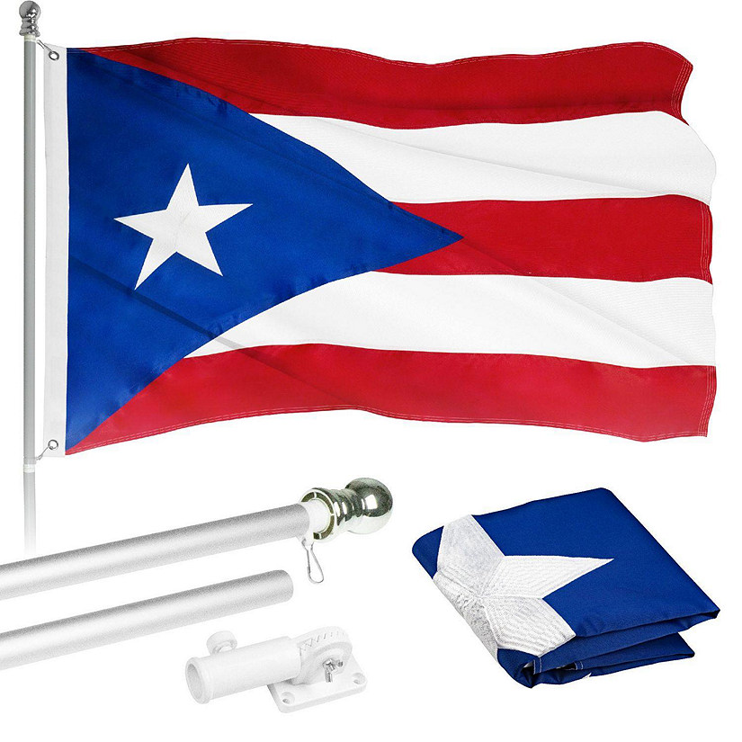 G128  6 Feet Tangle Free Spinning Flagpole Silver Puerto Rico Flag Brass Grommets Embroidered 3x5 ft Flag Included Aluminum Flag Pole Image