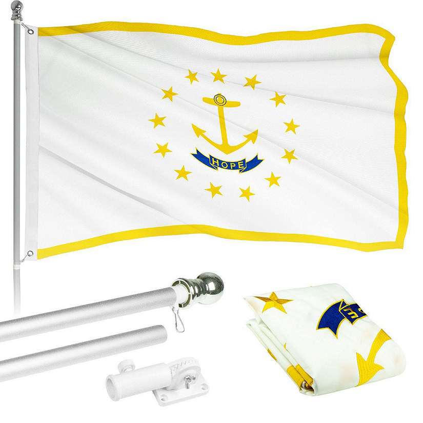 G128  6 Feet Tangle Free Spinning Flagpole Silver Rhode Island Flag Brass Grommets Embroidered 3x5 ft Flag Included Aluminum Flag Pole Image