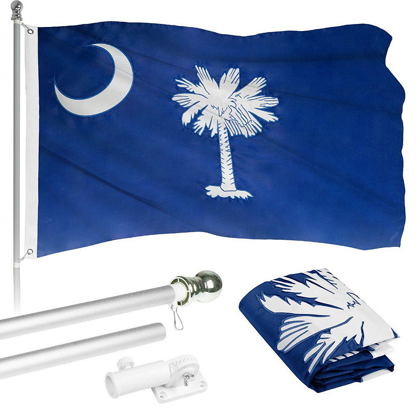 G128  6 Feet Tangle Free Spinning Flagpole Silver South Carolina Flag Brass Grommets Embroidered 3x5 ft Flag Included Aluminum Flag Pole Image