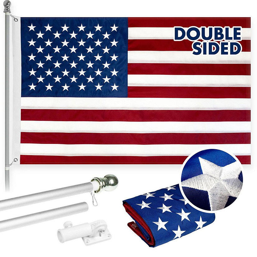 G128  6 Feet Tangle Free Spinning Flagpole Silver USA Double Sided Brass Grommets Embroidered 3x5 ft Flag Included Aluminum Flag Pole Image