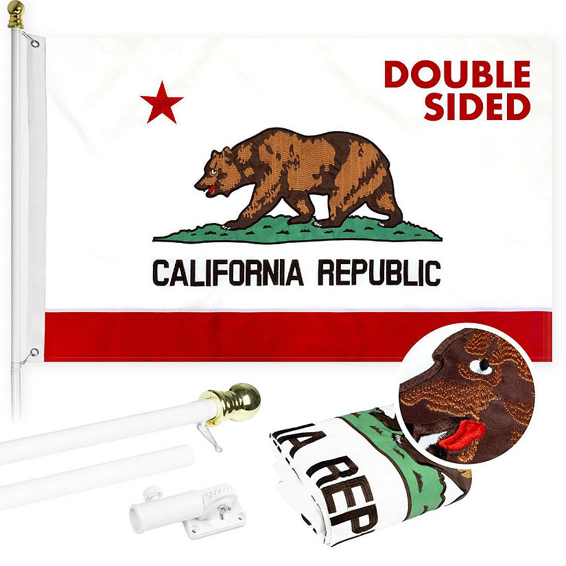 G128  6 Feet Tangle Free Spinning Flagpole White California Double Sided Brass Grommets Embroidered 3x5 ft Flag Included Aluminum Flag Pole Image