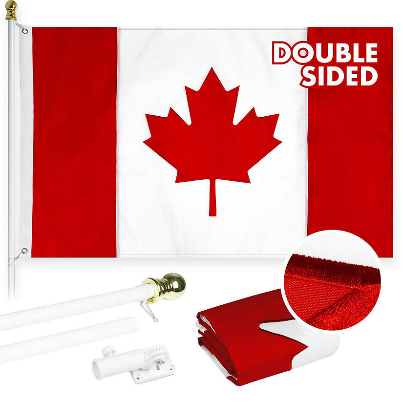 G128  6 Feet Tangle Free Spinning Flagpole White Canada Double Sided Brass Grommets Embroidered 3x5 ft Flag Included Aluminum Flag Pole Image