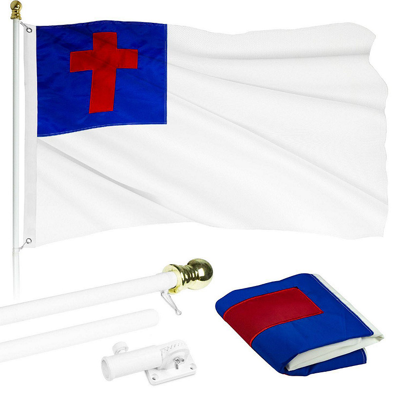 G128  6 Feet Tangle Free Spinning Flagpole White Christian Flag Brass Grommets Embroidered 3x5 ft Flag Included Aluminum Flag Pole Image