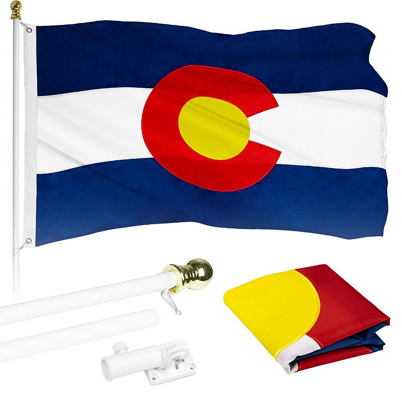 G128  6 Feet Tangle Free Spinning Flagpole White Colorado Flag Brass Grommets Embroidered 3x5 ft Flag Included Aluminum Flag Pole Image