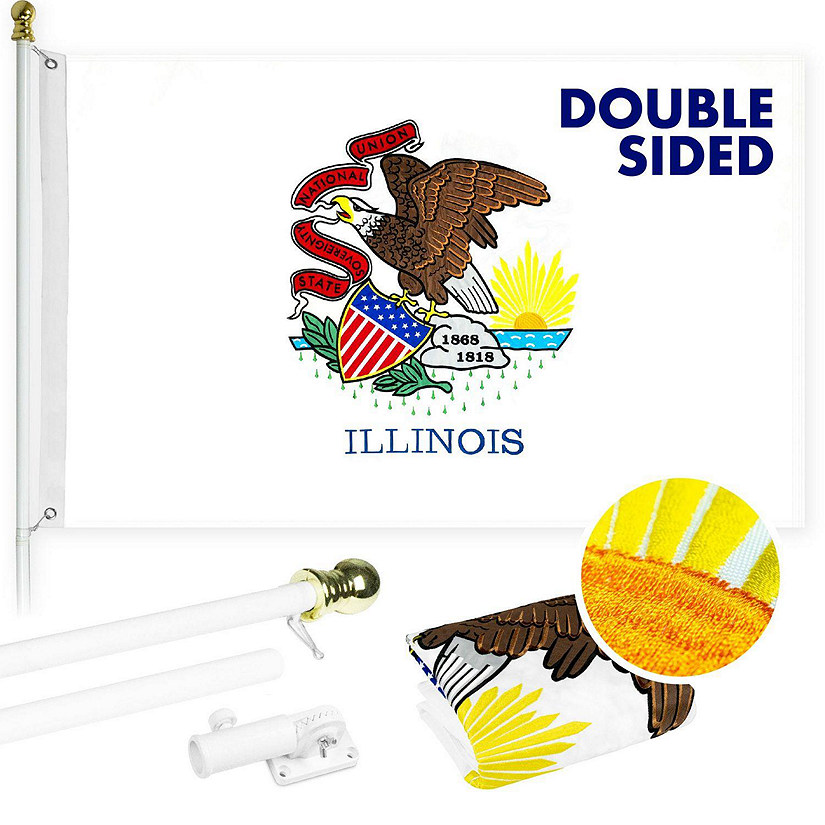 G128  6 Feet Tangle Free Spinning Flagpole White Illinois Double Sided Brass Grommets Embroidered 3x5 ft Flag Included Aluminum Flag Pole Image