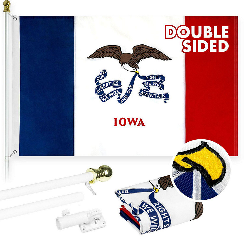 G128  6 Feet Tangle Free Spinning Flagpole White Iowa Double Sided Brass Grommets Embroidered 3x5 ft Flag Included Aluminum Flag Pole Image