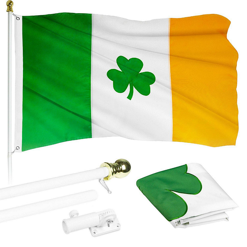 G128  6 Feet Tangle Free Spinning Flagpole White Ireland SHAMROCK Flag Brass Grommets Embroidered 3x5 ft Flag Included Aluminum Flag Pole Image