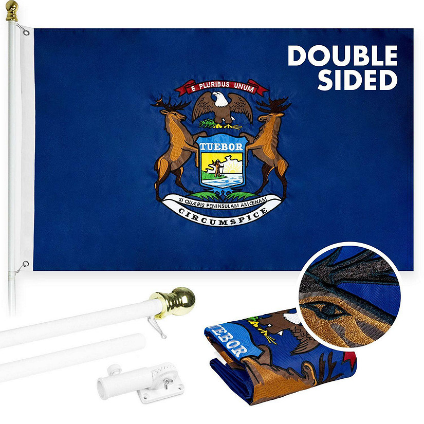 G128  6 Feet Tangle Free Spinning Flagpole White Michigan Double Sided Brass Grommets Embroidered 3x5 ft Flag Included Aluminum Flag Pole Image