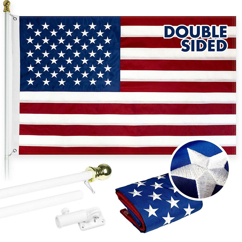 G128  6 Feet Tangle Free Spinning Flagpole White USA Double Sided Brass Grommets Embroidered 3x5 ft Flag Included Aluminum Flag Pole Image
