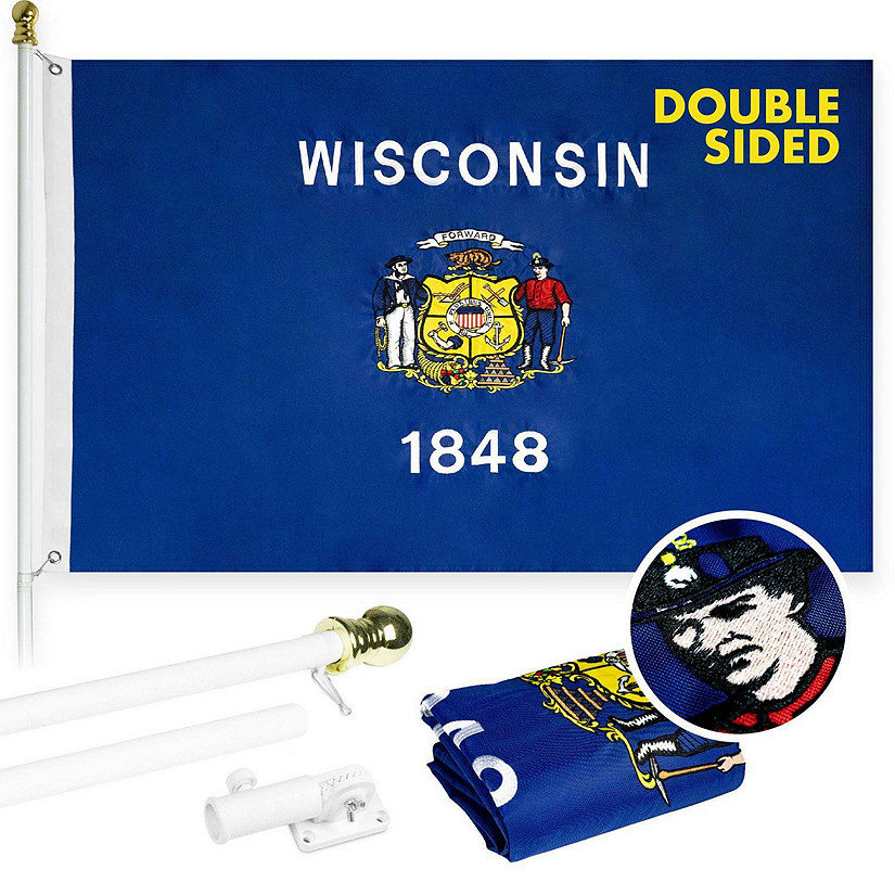 G128  6 Feet Tangle Free Spinning Flagpole White Wisconsin Double Sided Brass Grommets Embroidered 3x5 ft Flag Included Aluminum Flag Pole Image