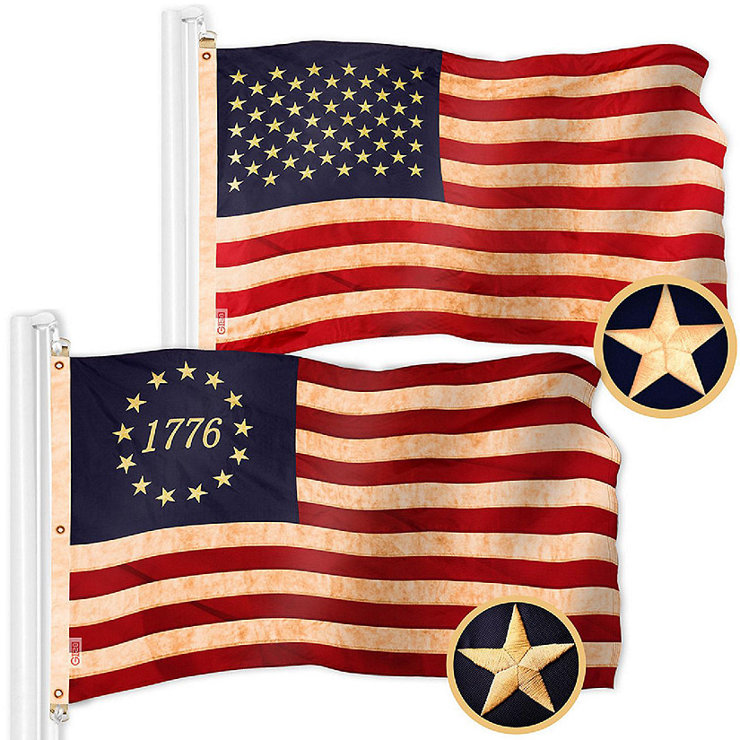G128 6x10ft Combo USA & Betsy Ross 1776 Circle, Tea-Stained Embroidered 420D Polyester Flag Image
