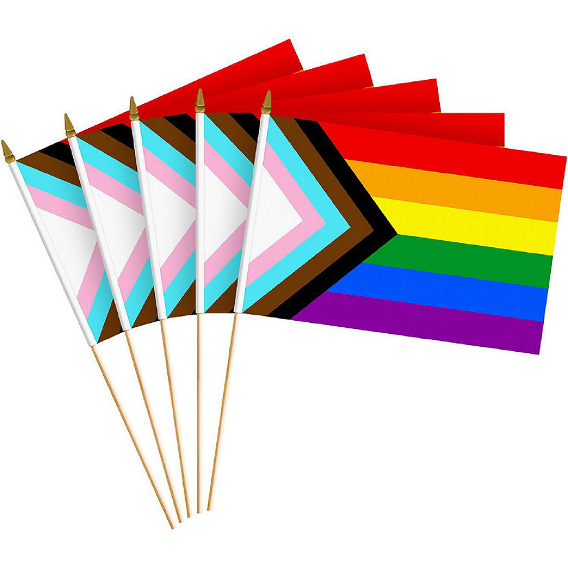 G128 8x12 Inches 24PK LGBT Rainbow Pride Progress Printed 150D Polyester Handheld Stick Flag Image