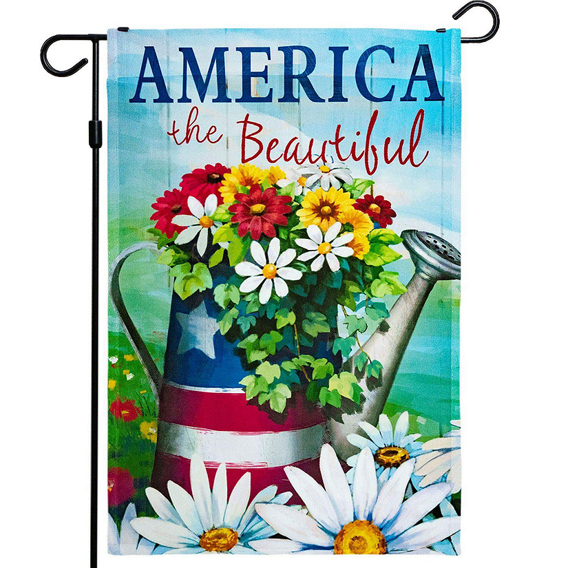 G128  America the Beautiful USA Spring Flowers & Watering Can Patriotic Garden Flag, Rustic Holiday Seasonal Outdoor Flag 12" x 18 Image