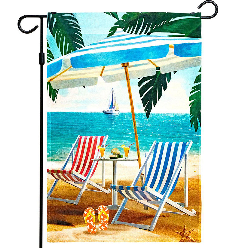 G128  Beach Summer with Chairs & Umbrella Garden Flag, Rustic Holiday Seasonal Outdoor Flag 12" x 18 Image
