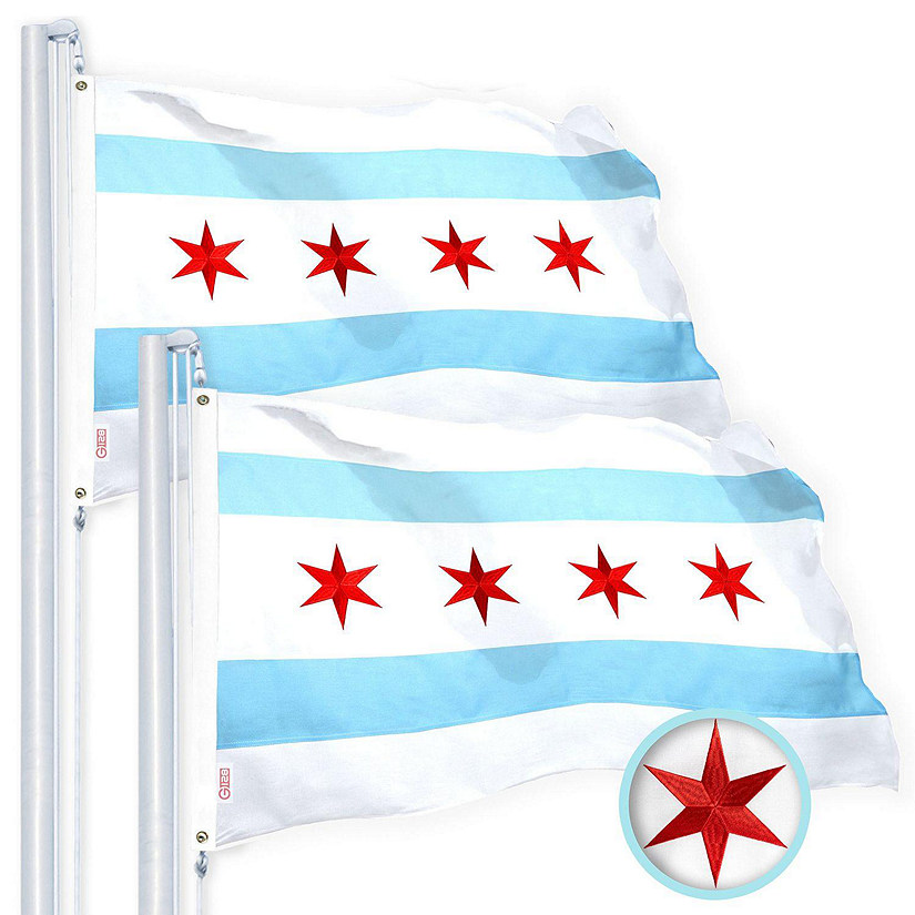 G128 - Chicago Flag 2x3 Ft 2 Pack Heavy Duty Spun Polyester 220GSM Embroidered Tough, Durable, Indoor/Outdoor, Vibrant Colors, Brass Grommet Image