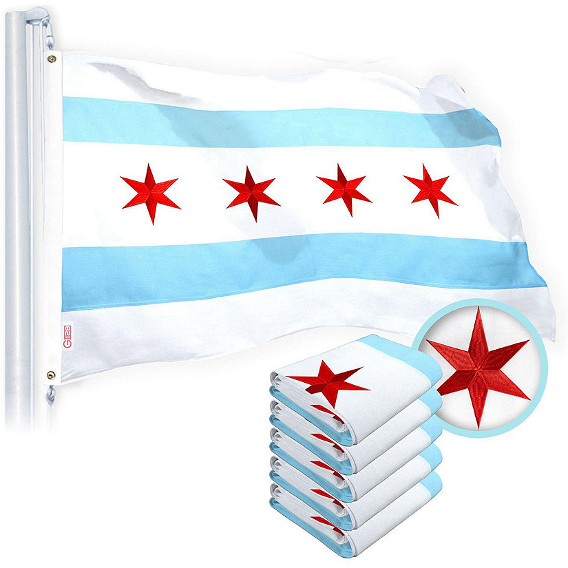 G128 - Chicago Flag 2x3 Ft 5 Pack Heavy Duty Spun Polyester 220GSM Embroidered Tough, Durable, Indoor/Outdoor, Vibrant Colors, Brass Grommet Image