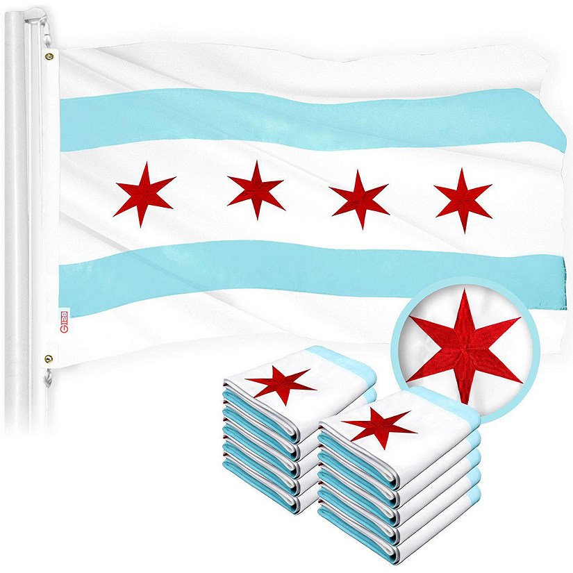 G128 - Chicago Flag 3x5 Ft 10 Pack Embroidered 300D Embroidered Stars, Sewn Stripes, Brass Grommets, Indoor/Outdoor, Vibrant Colors, Quality Polyester Image