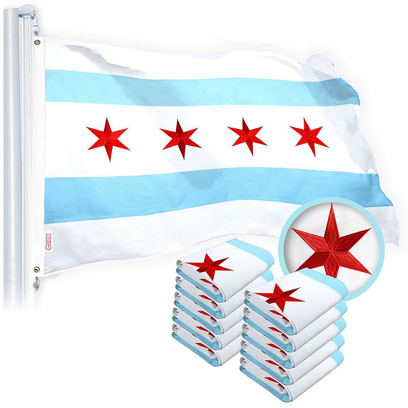 G128 - Chicago Flag 3x5 Ft 10 Pack Heavy Duty Spun Polyester 220GSM Embroidered Tough, Durable, Indoor/Outdoor, Vibrant Colors, Brass Grommet Image