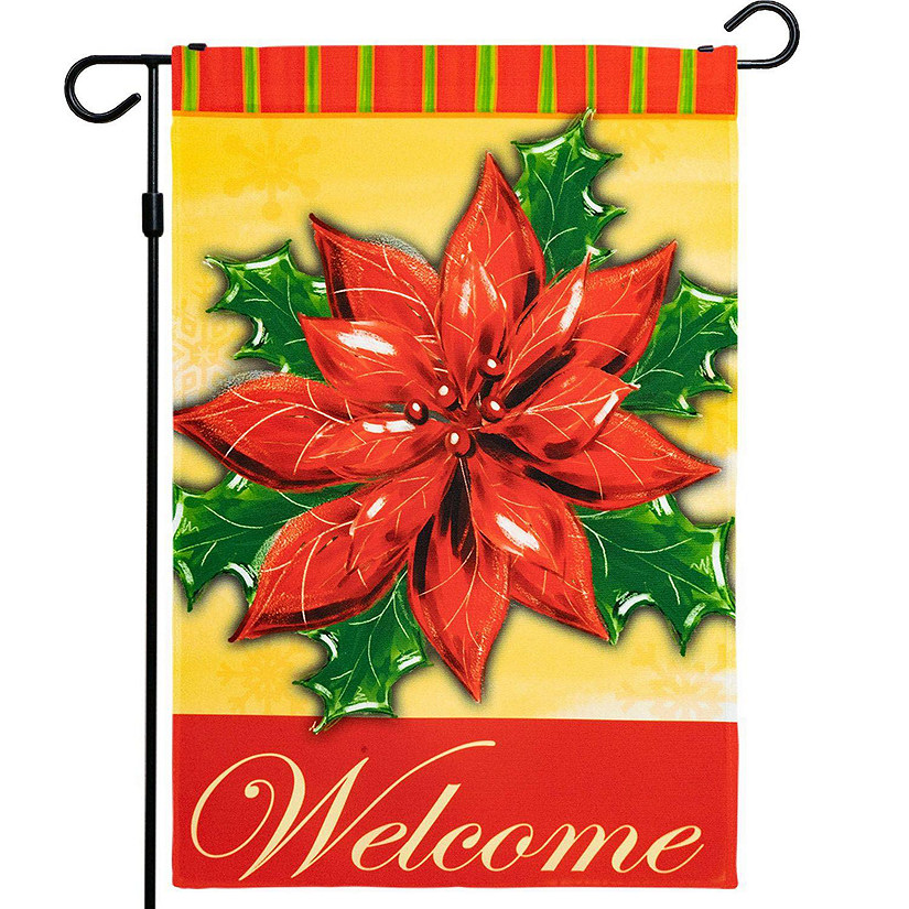 G128  Christmas Garden Flag, Christmas and Winter Themed Decorations  Welcome Quote with Red Poinsettia Flower, Rustic Holiday Seasonal Outdoor Flag 12"x18" Image
