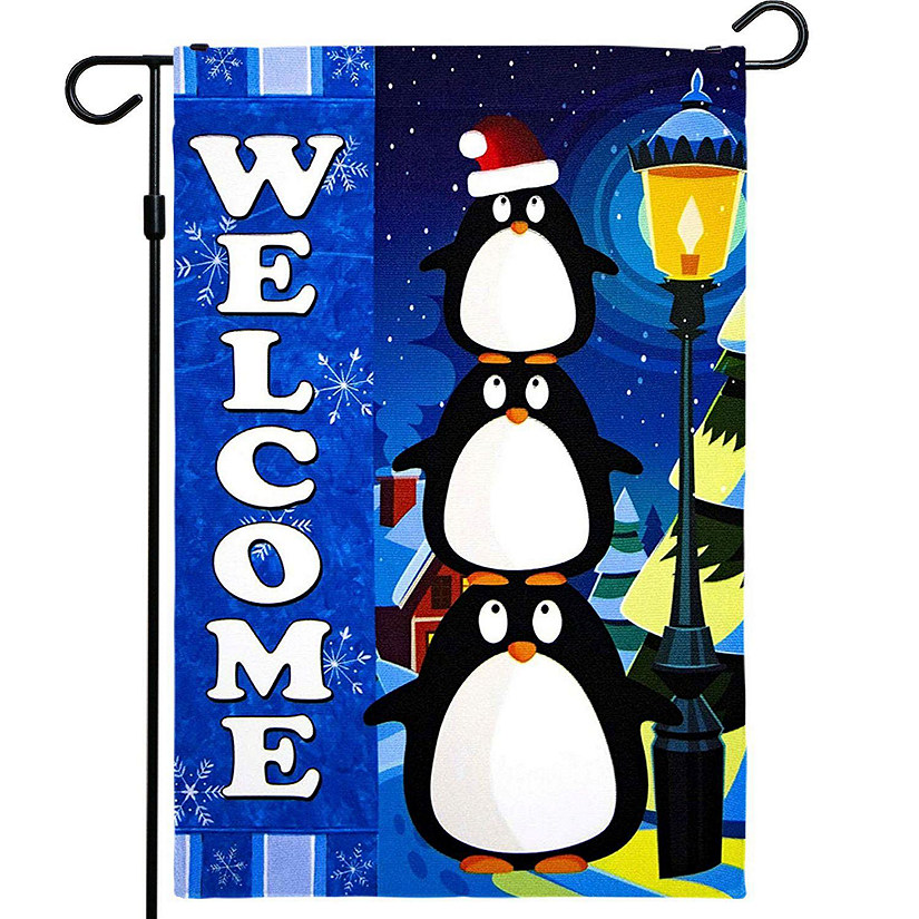 G128  Christmas Garden Flag, Christmas and Winter Themed Decorations  Welcome Three Cute Penguins, Rustic Holiday Seasonal Outdoor Flag 12 x 18 Inch Image