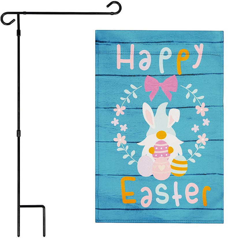 G128 Combo 36x16in Garden Flag Stand & 12x18in Happy Easter Decoration Rabbit Gnome with Eggs Double-Sided Blockout Fabric Garden Flag Image