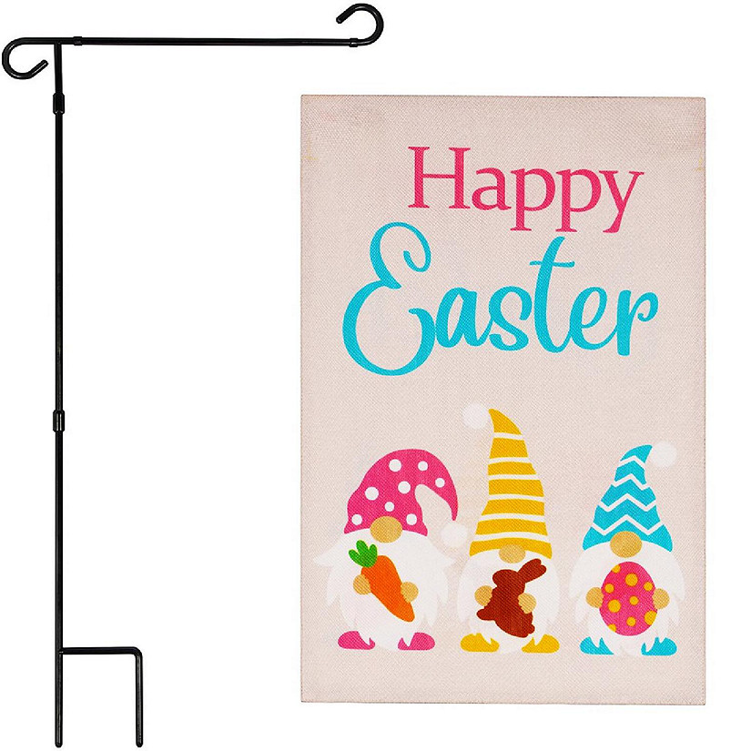 G128 Combo 36x16in Garden Flag Stand & 12x18in Happy Easter Decoration Three Gnomes with Carrot Chocolate Bunny Egg Double-Sided Burlap Fabric Garden Flag Image