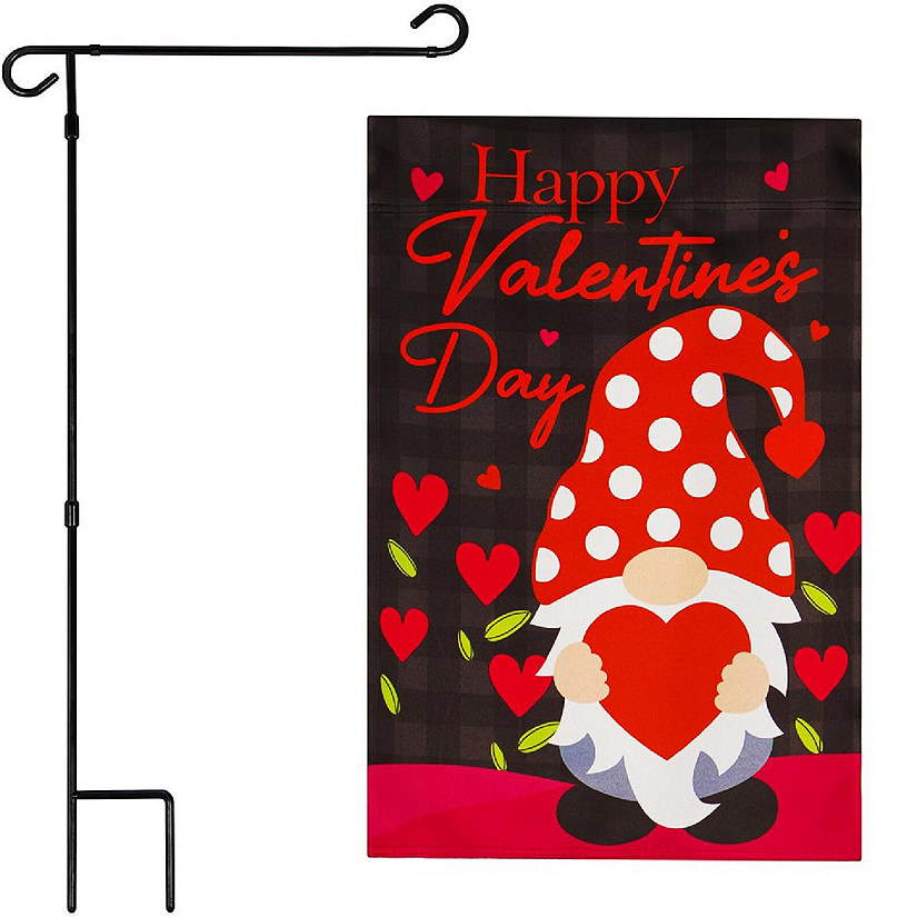 G128 Combo 36x16in Garden Flag Stand & 12x18in Happy Valentine's Day Decoration Gnome Holding Red Heart 12"x"18" Blockout Fabric Garden Flag Image