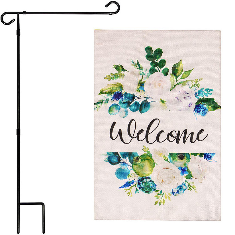 G128 Combo 36x16in Garden Flag Stand & 12x18in Welcome Elegant Floral Arrangement Double-Sided Burlap Fabric Garden Flag Image
