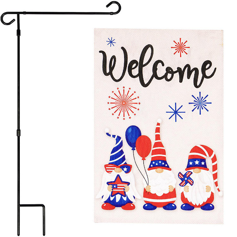 G128 Combo 36x16in Garden Flag Stand & 12x18in Welcome Three Gnomes Celebrating 4th of July Double-Sided Burlap Fabric Garden Flag Image