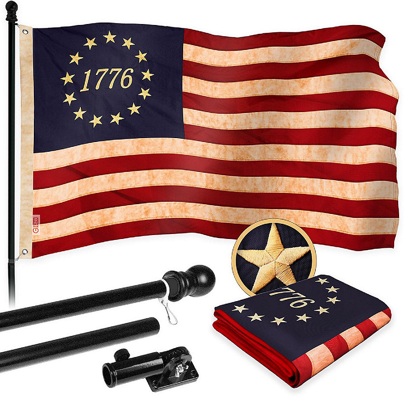 G128 Combo 5ft Black Flagpole & 2.5x4ft Betsy Ross 1776 Circle, Tea-Stained Embroidered 420D Polyester Flag Image