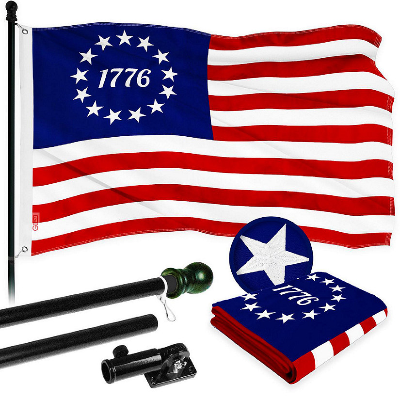 G128 Combo 5ft Black Flagpole & 2.5x4ft Betsy Ross 1776 Circle, Tea-Stained Embroidered 420D Polyester Flag Image