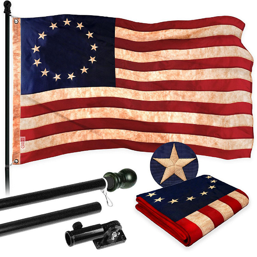 G128 Combo 5ft Black Flagpole & 2.5x4ft Betsy Ross Tea-Stained Embroidered 420D Polyester Flag Image