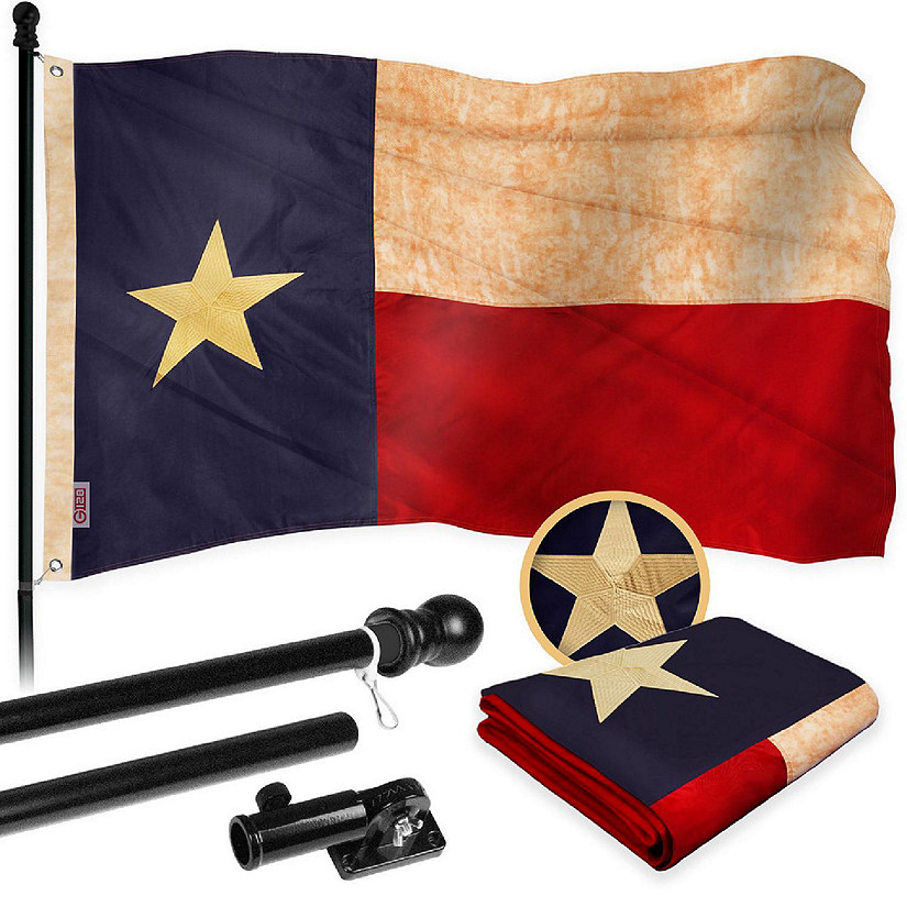 G128 Combo 5ft Black Flagpole & 2.5x4ft Texas Tea-Stained Embroidered 420D Polyester Flag Image