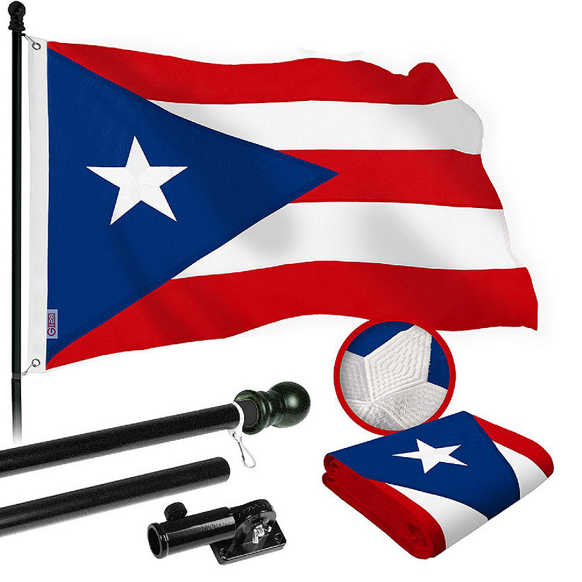 G128 Combo 5ft Black Flagpole & 2x3ft Puerto Rico Embroidered 220GSM Spun Polyester Flag Image