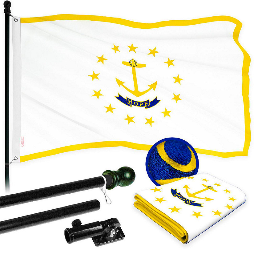 G128 Combo 5Ft Black Flagpole &amp; 2X3Ft Rhode Island Embroidered 210D Polyester Flag Image