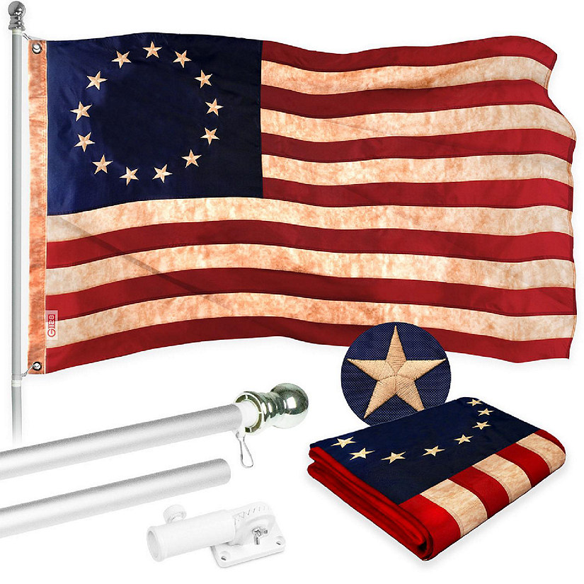 G128 Combo 5ft Silver Flagpole & 2.5x4ft Betsy Ross Tea-Stained Embroidered 420D Polyester Flag Image