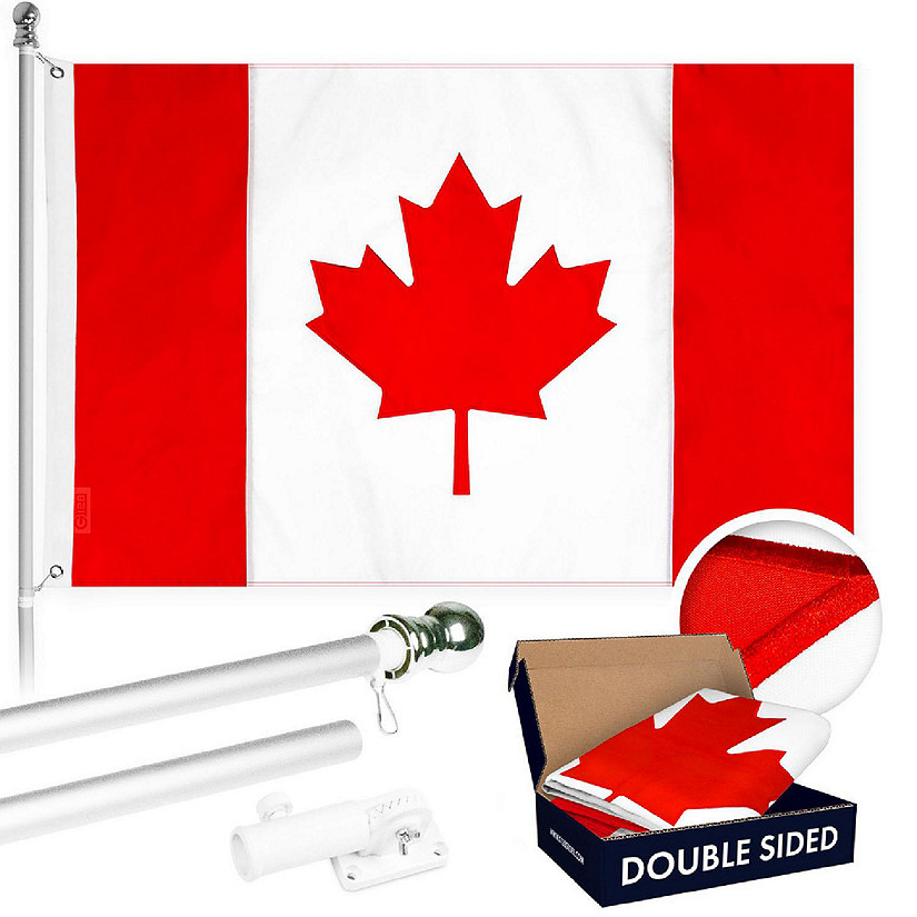 G128 Combo 5ft Silver Flagpole & 2.5x4ft Canada Embroidered Double Sided 210D Polyester Flag Image