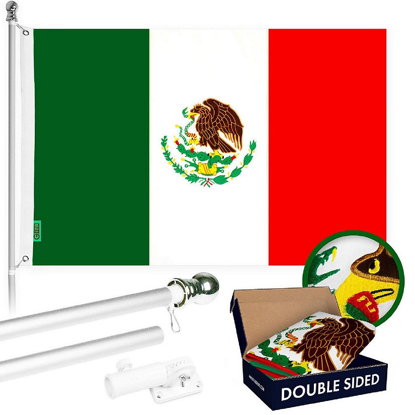 G128 Combo 5ft Silver Flagpole & 2.5x4ft Mexico Embroidered Double Sided 210D Polyester Flag Image