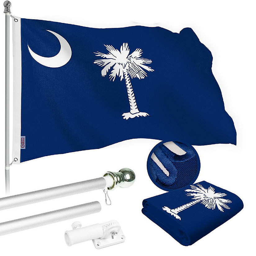 G128 Combo 5ft Silver Flagpole & 2x3ft South Carolina Embroidered 220GSM Spun Polyester Flag Image